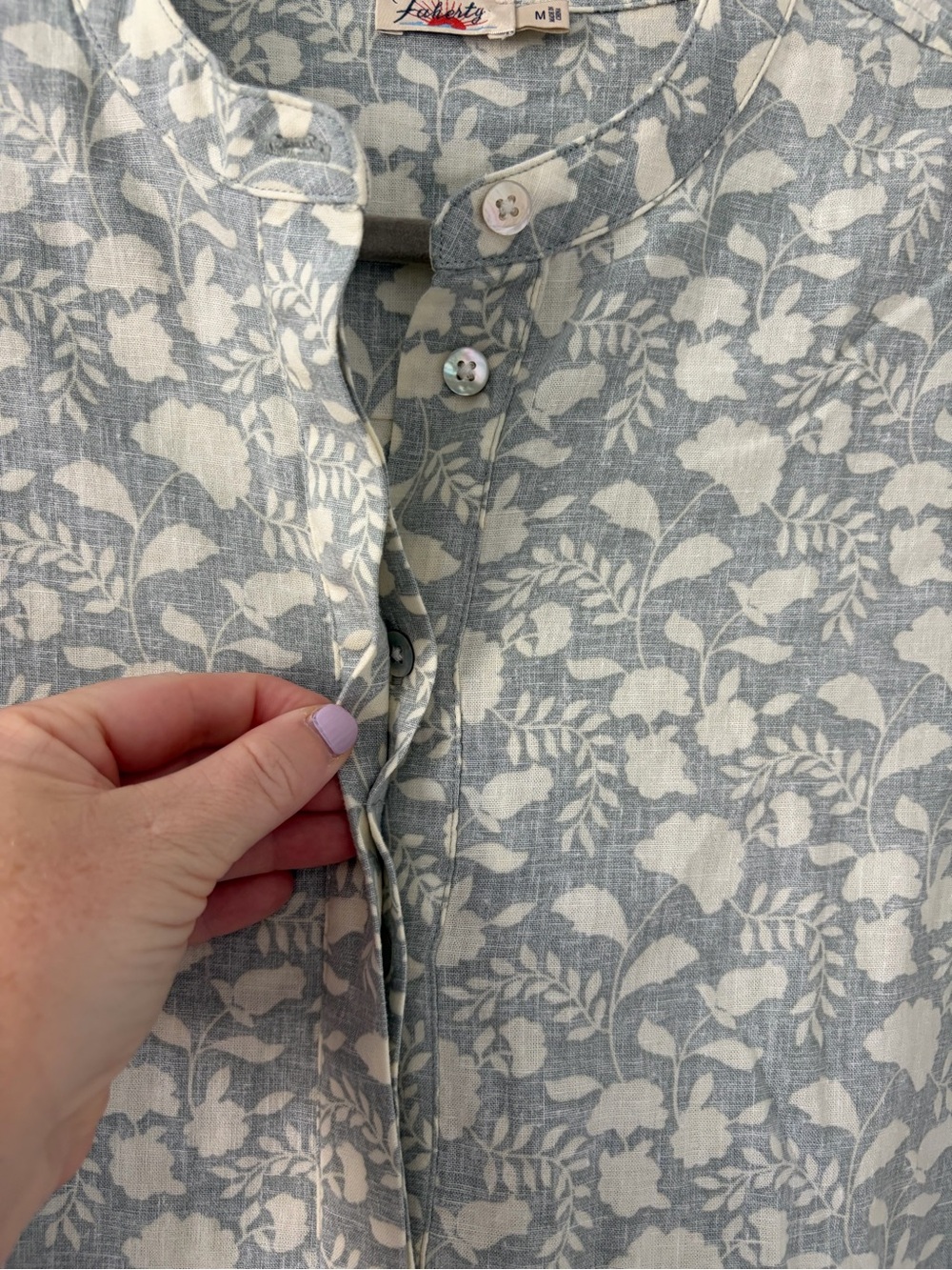Faherty Penelope Linen Floral 3/4 Sleeve Popover Casual Dress Grey Green Cream M - Picture 6 of 11